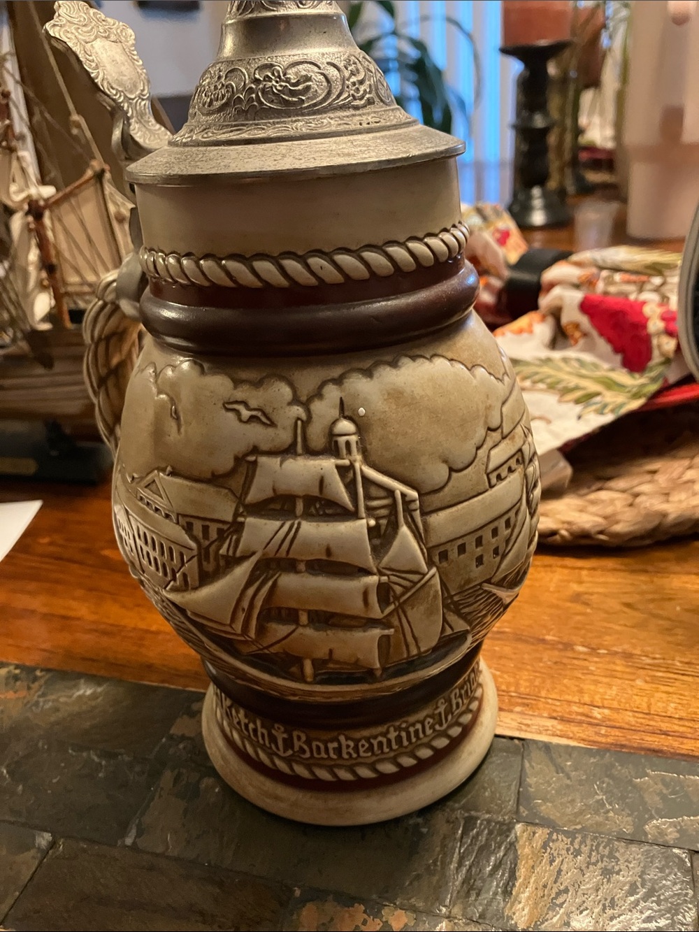 Vintage-Style Ceramic Ship Stein in Cream and Brown